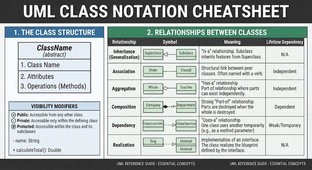 UML class notation cheatsheet illustrating class structure compartments and common relationships like inheritance and aggregation.