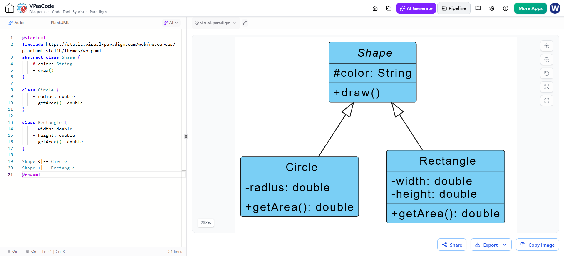 PlantUML code and diagram showing Shape superclass with Circle and Rectangle subclasses demonstrating inheritance.