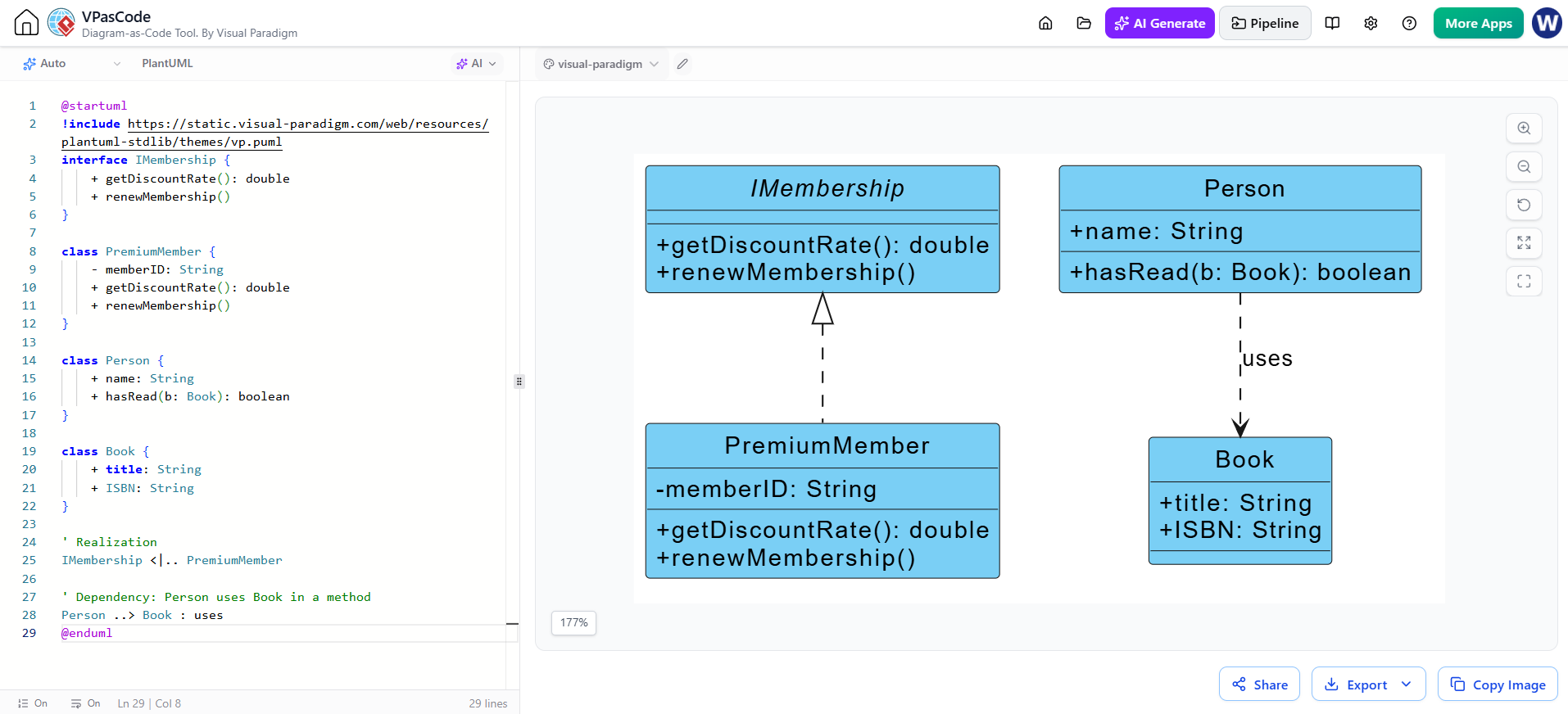 PlantUML code and diagram showing Person dependency on Book and PremiumMember realizing IMembership interface.