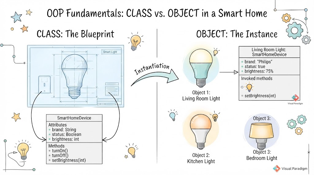 UML diagram illustrating OOP class versus object concepts using a smart home light bulb example.